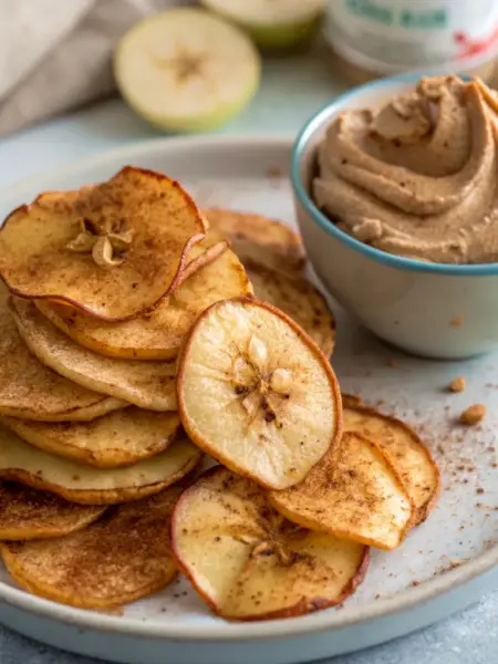 Homemade Cinnamon Sugar Baked Apple Chips with Almond Butter