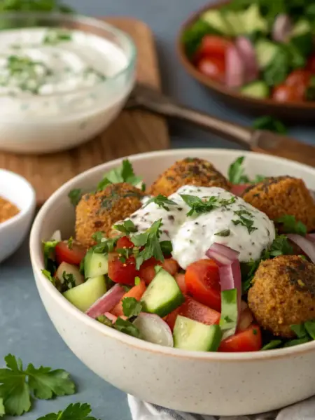 Jerusalem Salad With Tzatziki and Falafel | Falafel Salad Bowl