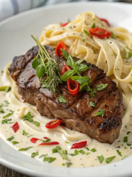 Spicy Cajun Steak Gorgonzola Alfredo with Creamy Pasta Spicy Cajun Steak with Creamy Alfredo Pasta | Steak Alfredo