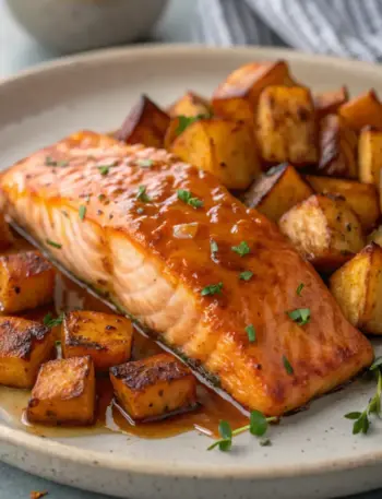 Maple Glazed Salmon with Roasted Sweet Potatoes Maple Glazed Salmon with Roasted Sweet Potatoes