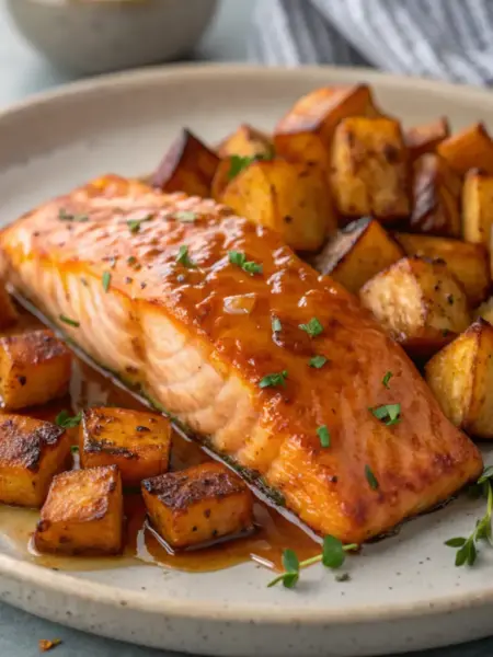 Maple Glazed Salmon with Roasted Sweet Potatoes Maple Glazed Salmon with Roasted Sweet Potatoes