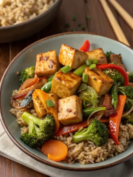 Vegan Ginger Garlic Tofu Stir Fry with Brown Rice