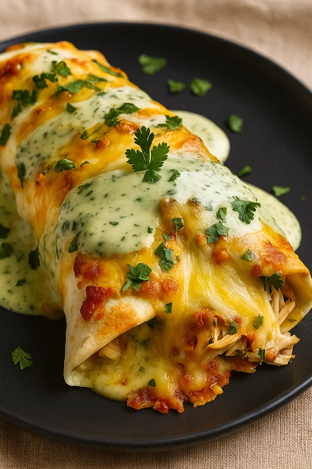 Best Chicken Burrito Recipe Golden baked chicken burritos covered in melted cheese and creamy herb sauce on a black plate