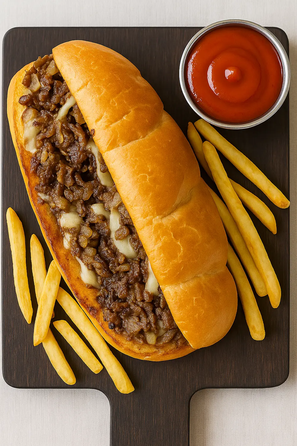 Best Philly Cheesesteak Sandwich The best Philly cheese steak sandwich served in a toasted bun with beef, melted cheese, and fries