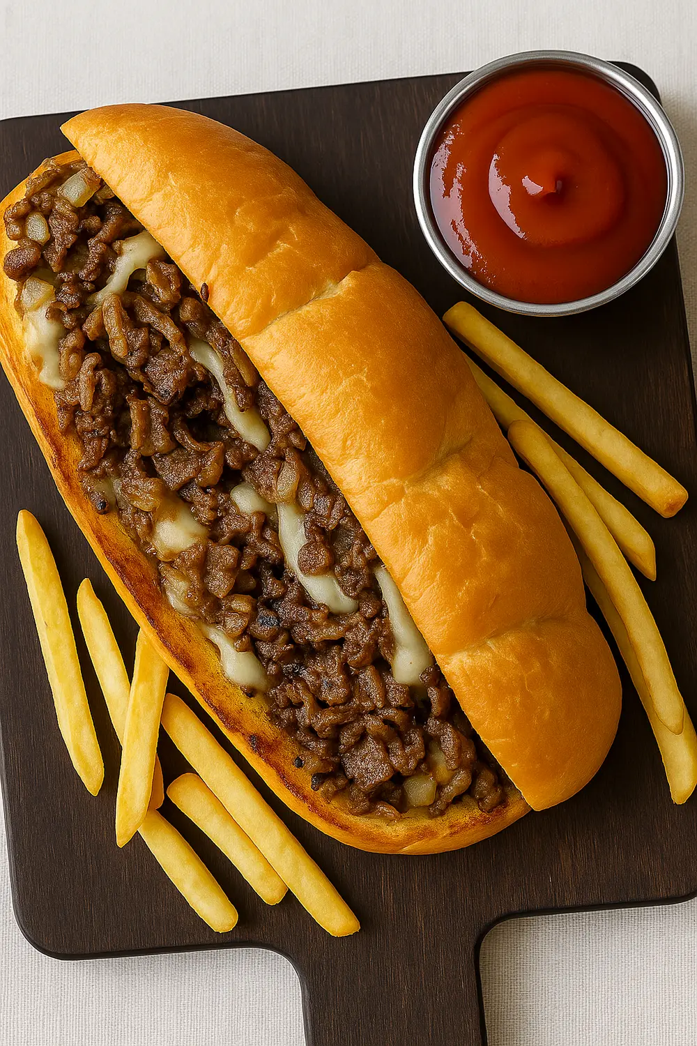 Best Philly Cheesesteak Sandwich Easy Philly cheese steak sandwich with ground beef, melted cheese, and a golden hoagie roll on a wooden board.