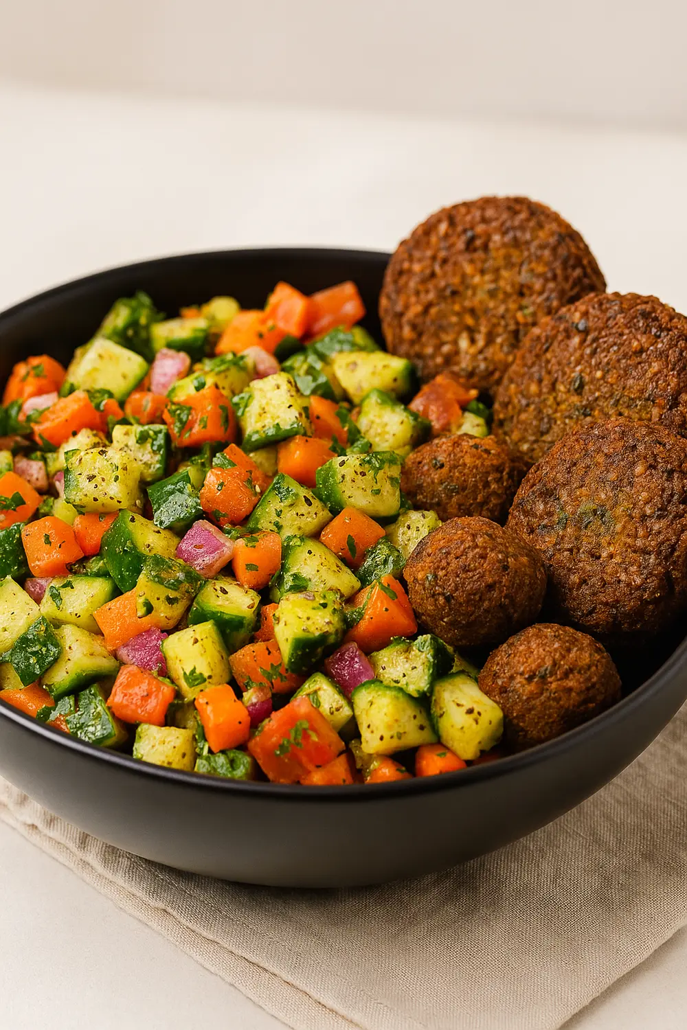 Easy Jerusalem Salad with Falafel (Israeli Salad) Crispy falafel salad or Jerusalem salad served with a vibrant chopped vegetable salad.