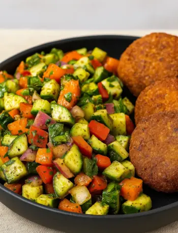 Easy Jerusalem Salad with Falafel (Israeli Salad) Colorful Jerusalem salad or Israeli salad with crispy falafel patties, tomatoes, and cucumbers on a black plate.