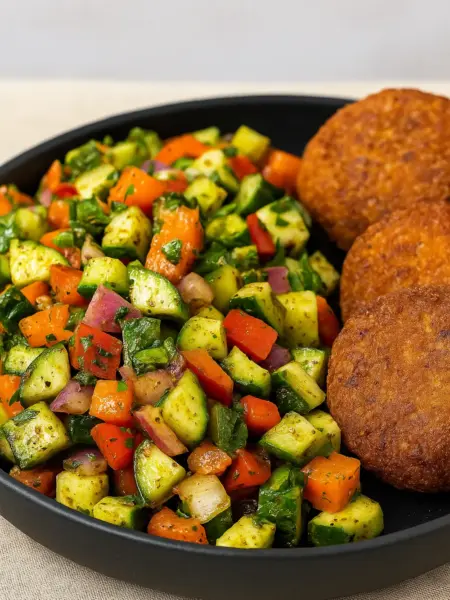 Easy Jerusalem Salad with Falafel (Israeli Salad) Colorful Jerusalem salad or Israeli salad with crispy falafel patties, tomatoes, and cucumbers on a black plate.