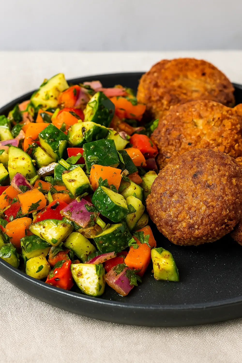Easy Jerusalem Salad with Falafel (Israeli Salad) Traditional Jerusalem salad recipe featuring chopped vegetables, accompanied by falafel on the side.