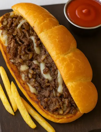 Best Philly Cheesesteak Sandwich Classic Philly cheesesteak sandwich with ground beef, melted cheese, and fries on a wooden serving board.