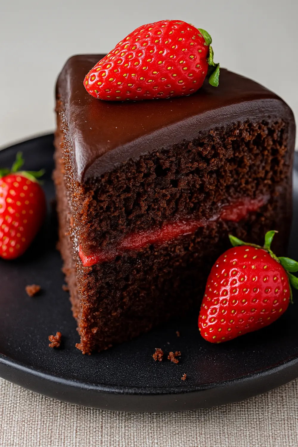 Simple Chocolate Strawberry Birthday Cake A slice of chocolate strawberry cake on a black plate topped with fresh strawberries.