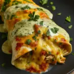 Simple chicken burrito recipe made with shredded chicken, melted cheese, and creamy sauce, garnished with fresh herbs