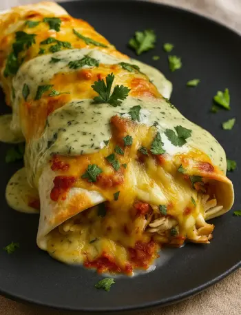 Best Chicken Burrito Recipe Simple chicken burrito recipe made with shredded chicken, melted cheese, and creamy sauce, garnished with fresh herbs