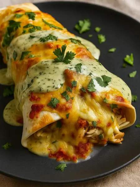 Best Chicken Burrito Recipe Simple chicken burrito recipe made with shredded chicken, melted cheese, and creamy sauce, garnished with fresh herbs