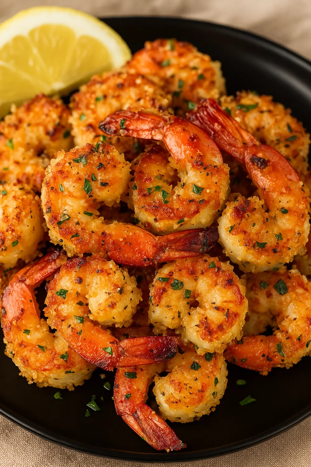 Crispy Air Fryer Shrimp with Garlic and Parmesan Golden brown air fryer fried shrimp or air fried shrimp seasoned with herbs and breadcrumbs, served with lemon wedges on a black plate