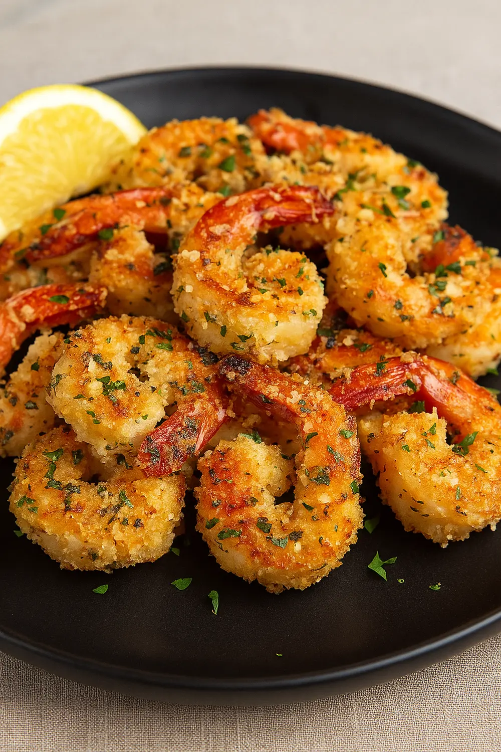 Crispy Air Fryer Shrimp with Garlic and Parmesan Crispy air fryer garlic Parmesan shrimp with golden breading, sprinkled with herbs, and served with lemon wedges