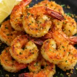 Crispy air fryer shrimp or air fried shrimp coated with garlic, Parmesan, and herbs, served with lemon slices on a black plate