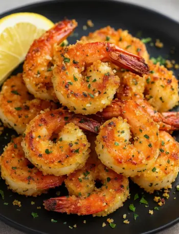 Crispy Air Fryer Shrimp with Garlic and Parmesan Crispy air fryer shrimp or air fried shrimp coated with garlic, Parmesan, and herbs, served with lemon slices on a black plate
