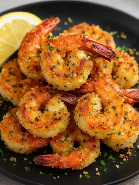 Crispy Air Fryer Shrimp with Garlic and Parmesan Crispy air fryer shrimp or air fried shrimp coated with garlic, Parmesan, and herbs, served with lemon slices on a black plate