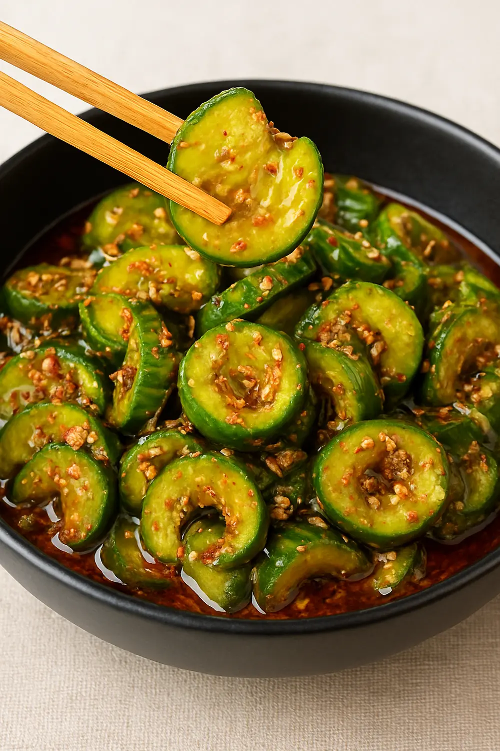 Spicy Asian Cucumber Salad (Oi Muchim) Asian cucumber salad recipe with cucumbers, sesame seeds, garlic, and chili oil.