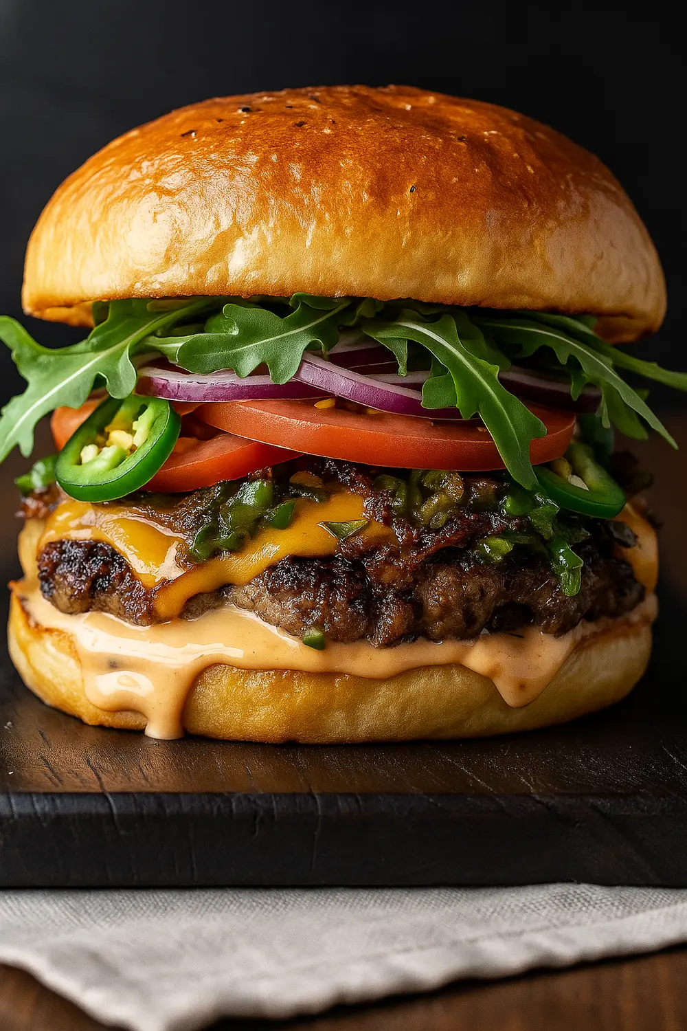 Smoky Chipotle Burger with Ground Beef Classic beef burger with pepper jack cheese, jalapeño sauce, arugula, and tomato on a toasted bun