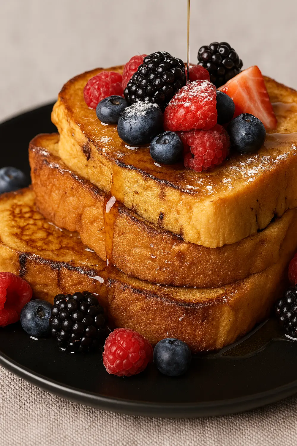 Easy French Toast Recipe Best French toast recipe stacked high with syrup and fresh mixed berries on a black plate