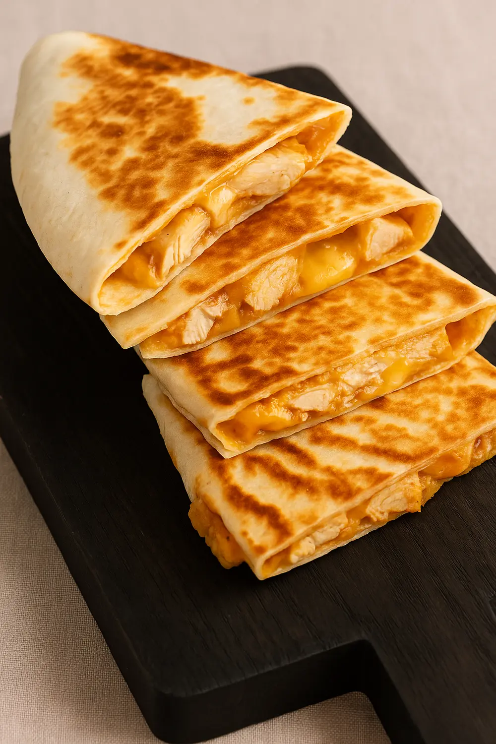 Taco Bell Chicken Quesadilla Recipe with Jalapeño Sauce Easy chicken quesadilla recipe with melted cheese and grilled tortillas served on a wooden platter