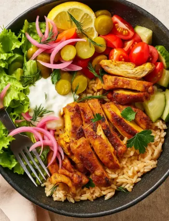 Healthy Chicken Shawarma Bowl with Garlic Sauce Healthy Chicken Shawarma Bowl with grilled chicken strips, rice, fresh vegetables, pickled onions, and creamy garlic sauce.