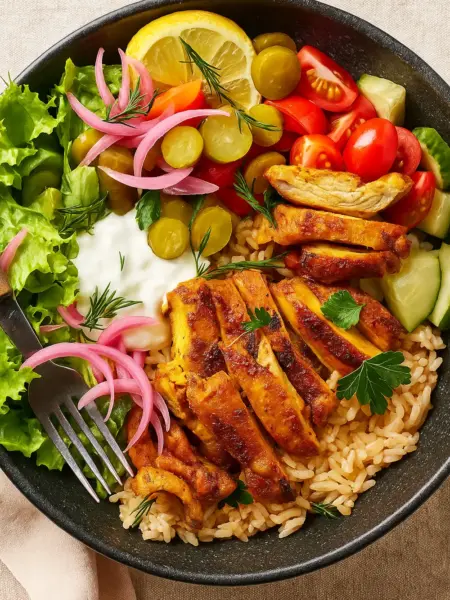 Healthy Chicken Shawarma Bowl with Garlic Sauce Healthy Chicken Shawarma Bowl with grilled chicken strips, rice, fresh vegetables, pickled onions, and creamy garlic sauce.