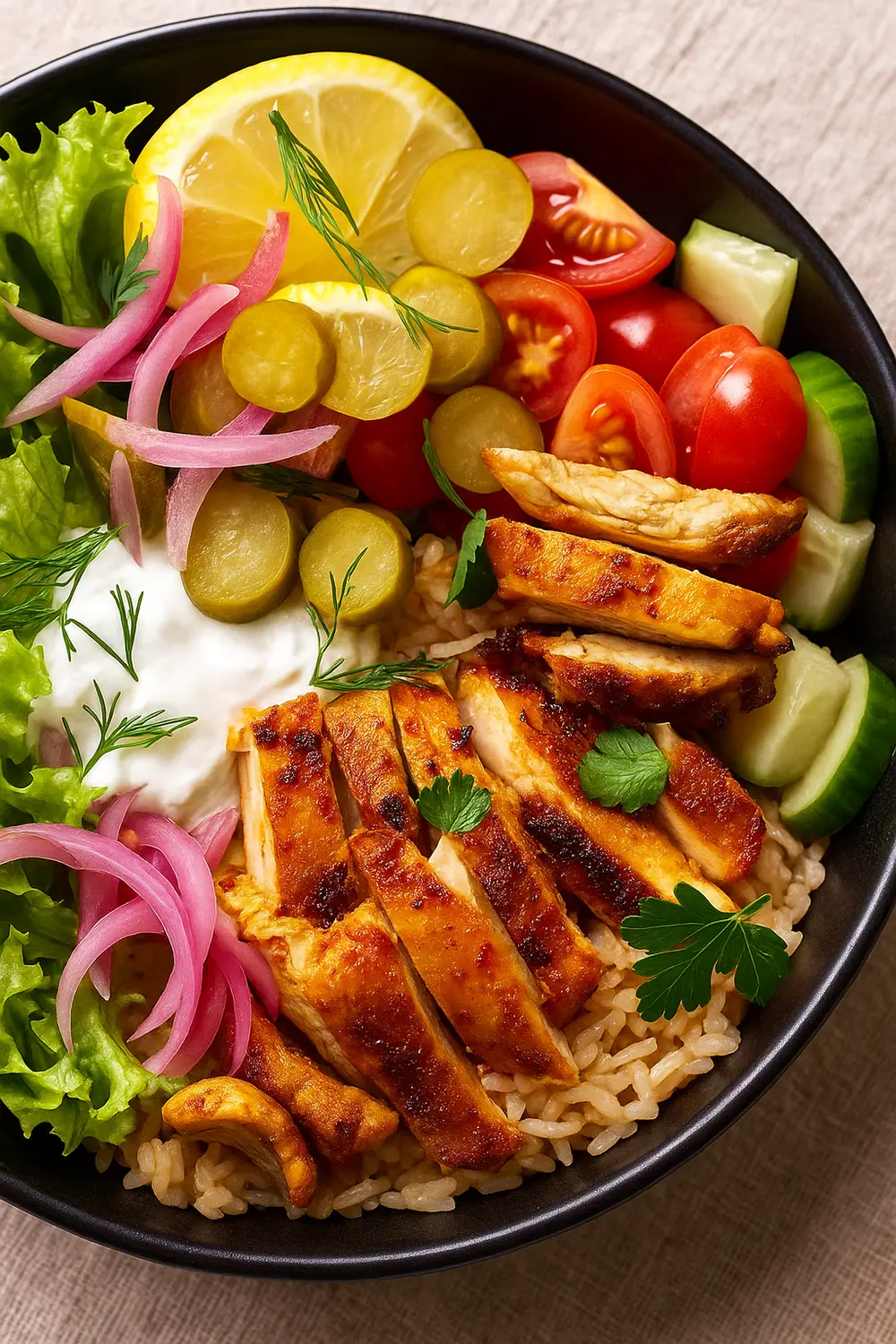 Healthy Chicken Shawarma Bowl with Garlic Sauce Easy chicken shawarma bowl recipe featuring grilled chicken, rice, vegetables, and garlic sauce in a black bowl.