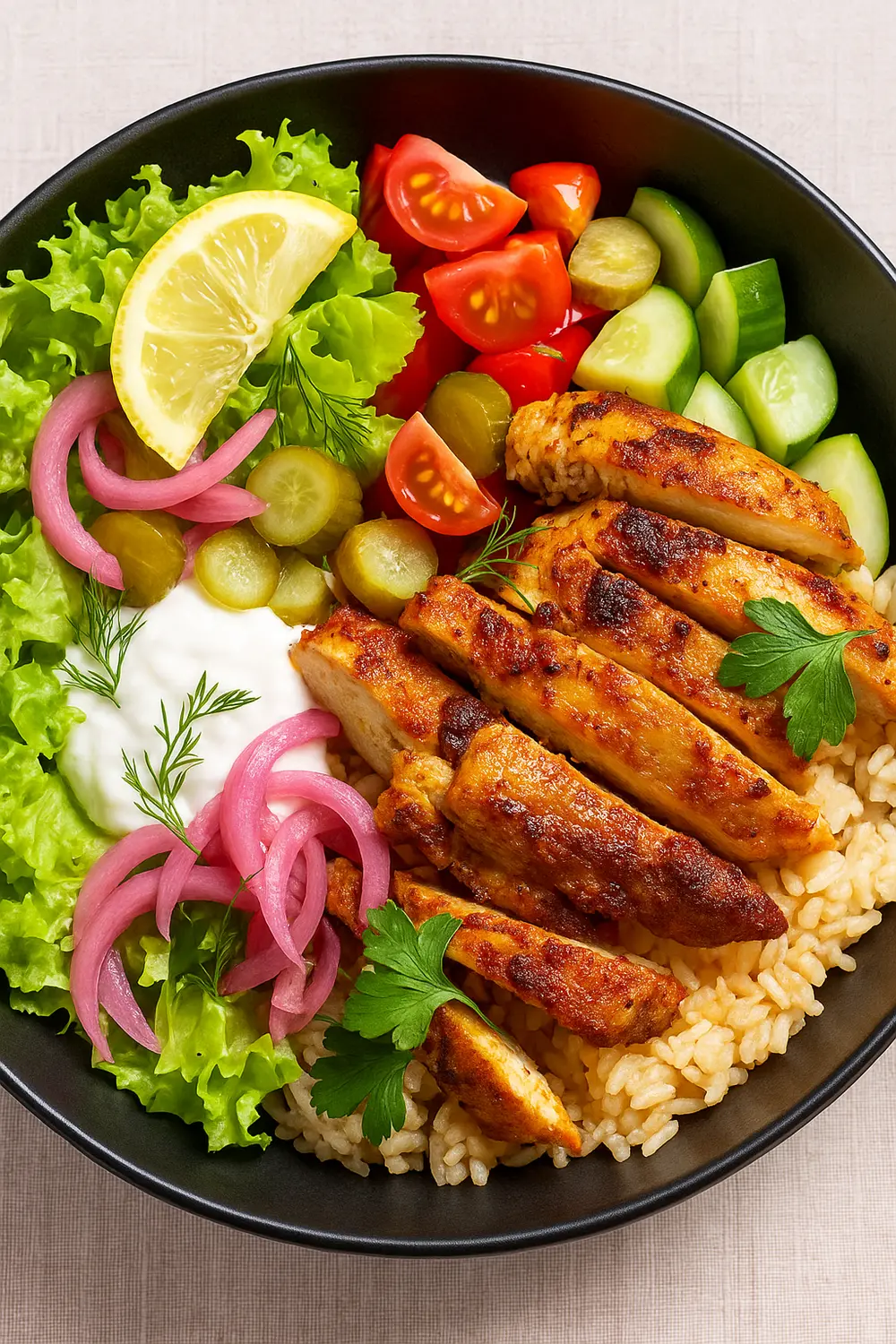 Healthy Chicken Shawarma Bowl with Garlic Sauce Chicken Shawarma Rice Bowl with golden chicken strips, fluffy rice, lettuce, tomatoes, cucumbers, and pickled onions.