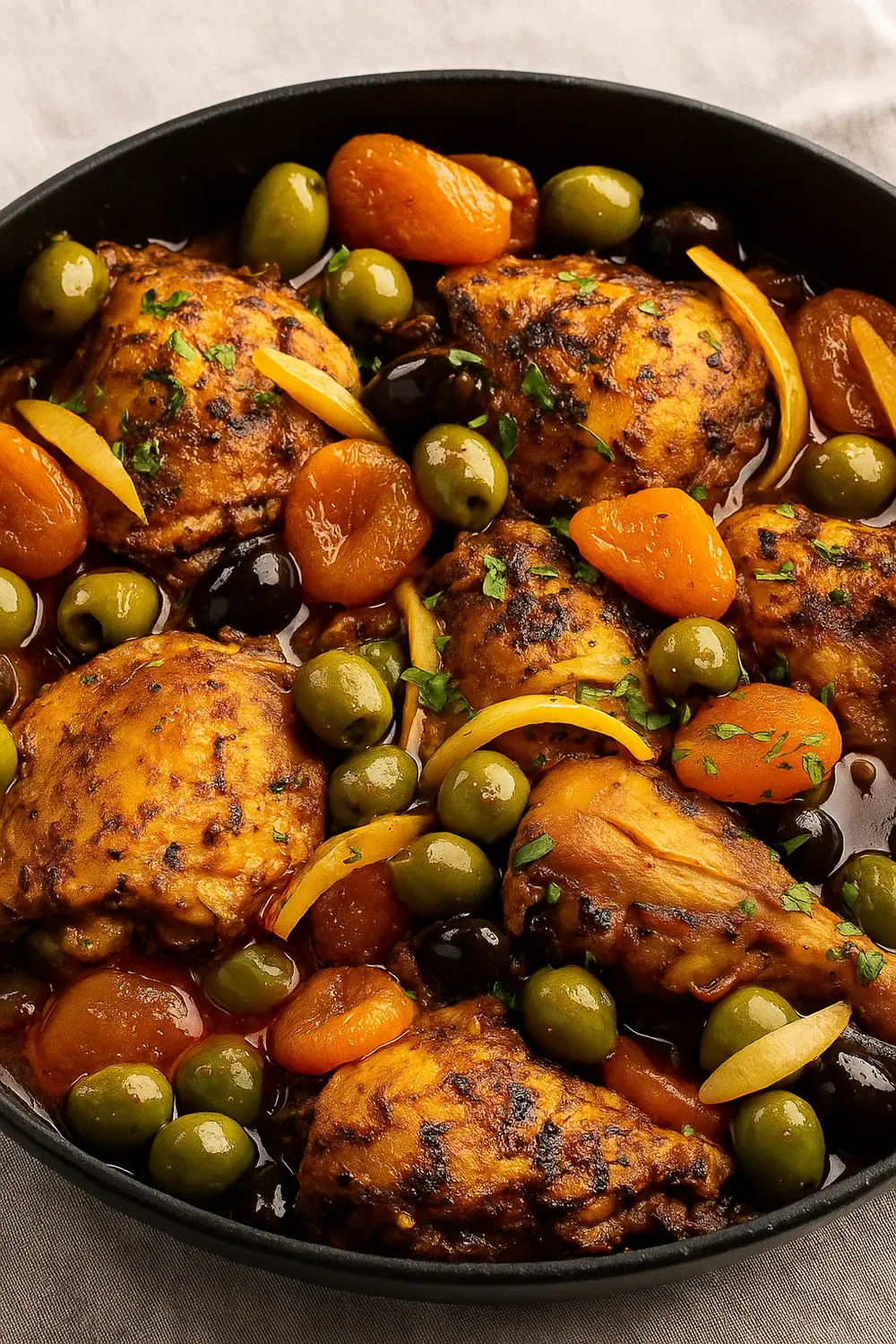 Moroccan Chicken Tagine Chicken Tagine served in a skillet with juicy chicken, olives, dried apricots, and traditional Moroccan spices.