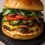 Chipotle burger with ground beef topped with pepper jack cheese, jalapeño sauce, arugula, and tomato on a bun