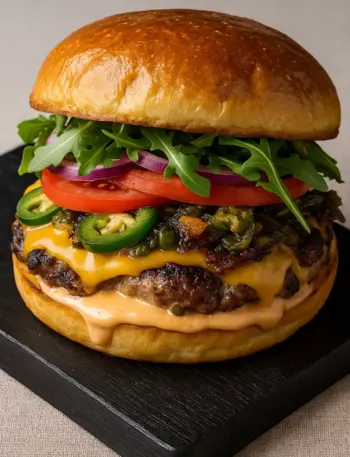 Smoky Chipotle Burger with Ground Beef Chipotle burger with ground beef topped with pepper jack cheese, jalapeño sauce, arugula, and tomato on a bun