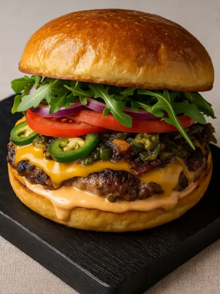 Smoky Chipotle Burger with Ground Beef Chipotle burger with ground beef topped with pepper jack cheese, jalapeño sauce, arugula, and tomato on a bun