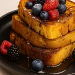 Easy French toast recipe featuring three stacked slices with berries and maple syrup