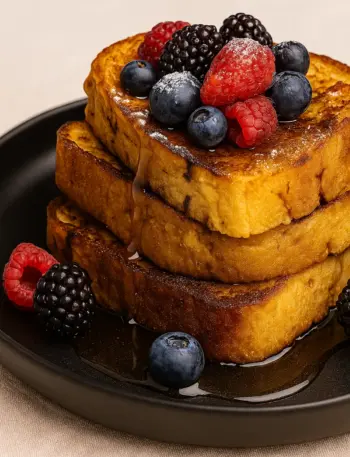 Easy French Toast Recipe Easy French toast recipe featuring three stacked slices with berries and maple syrup