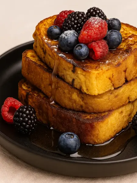 Easy French Toast Recipe Easy French toast recipe featuring three stacked slices with berries and maple syrup