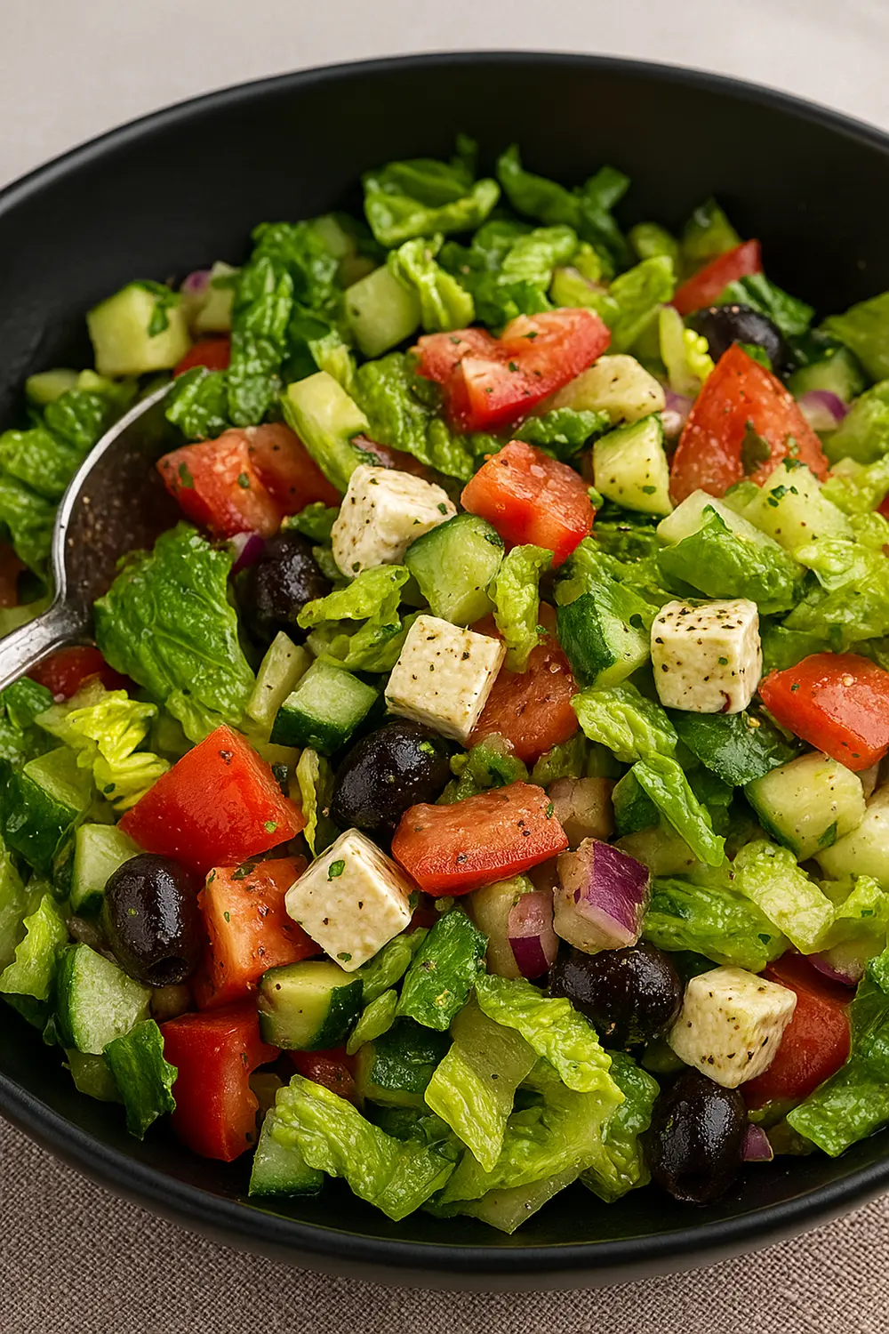 Mediterranean Greek Salad Recipe Easy Greek salad recipe with chopped cucumbers, tomatoes, romaine lettuce, black olives, feta cheese cubes, and fresh herbs in a black bowl