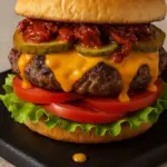 Grilled cheese burger or cheeseburger with melted cheese, grilled beef patty, pickles, lettuce, and tomatoes on a toasted bun.