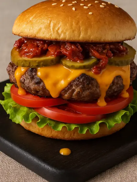 Best Grilled Cheese Burger with Wagyu Beef Grilled cheese burger or cheeseburger with melted cheese, grilled beef patty, pickles, lettuce, and tomatoes on a toasted bun.