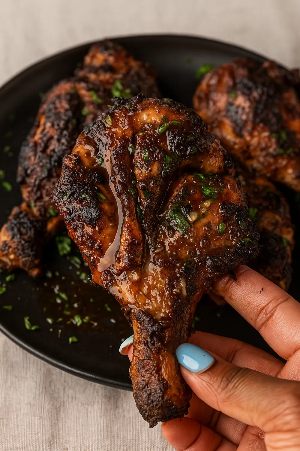 Easy Grilled BBQ Chicken Recipe Easy grilled BBQ chicken thighs with a smoky char and fresh herbs, served hot on a black plate, the best grilled chicken recipes.