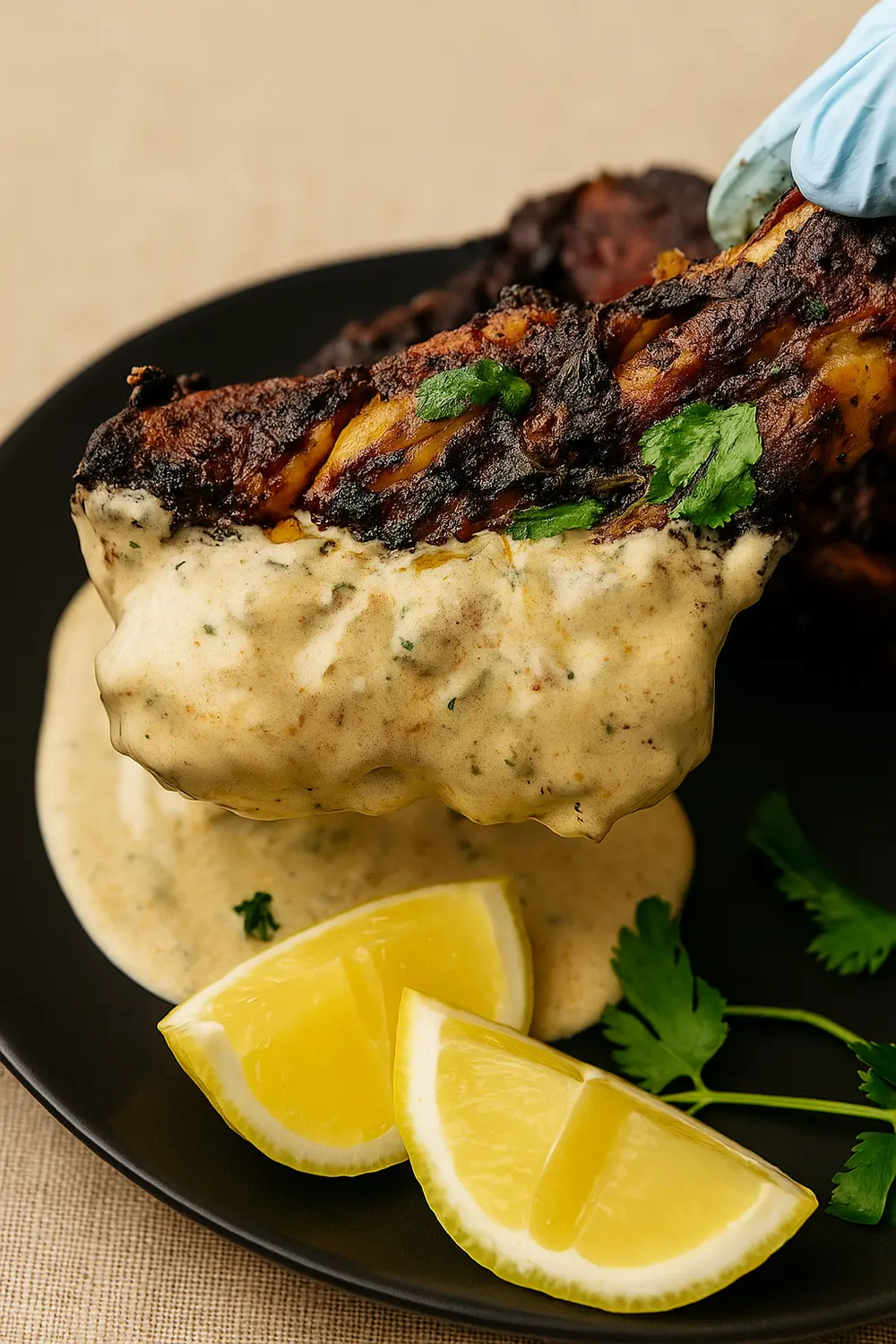 Easy Grilled BBQ Chicken Recipe Grilled chicken thighs drizzled with a creamy sauce, garnished with lemon wedges and cilantro.