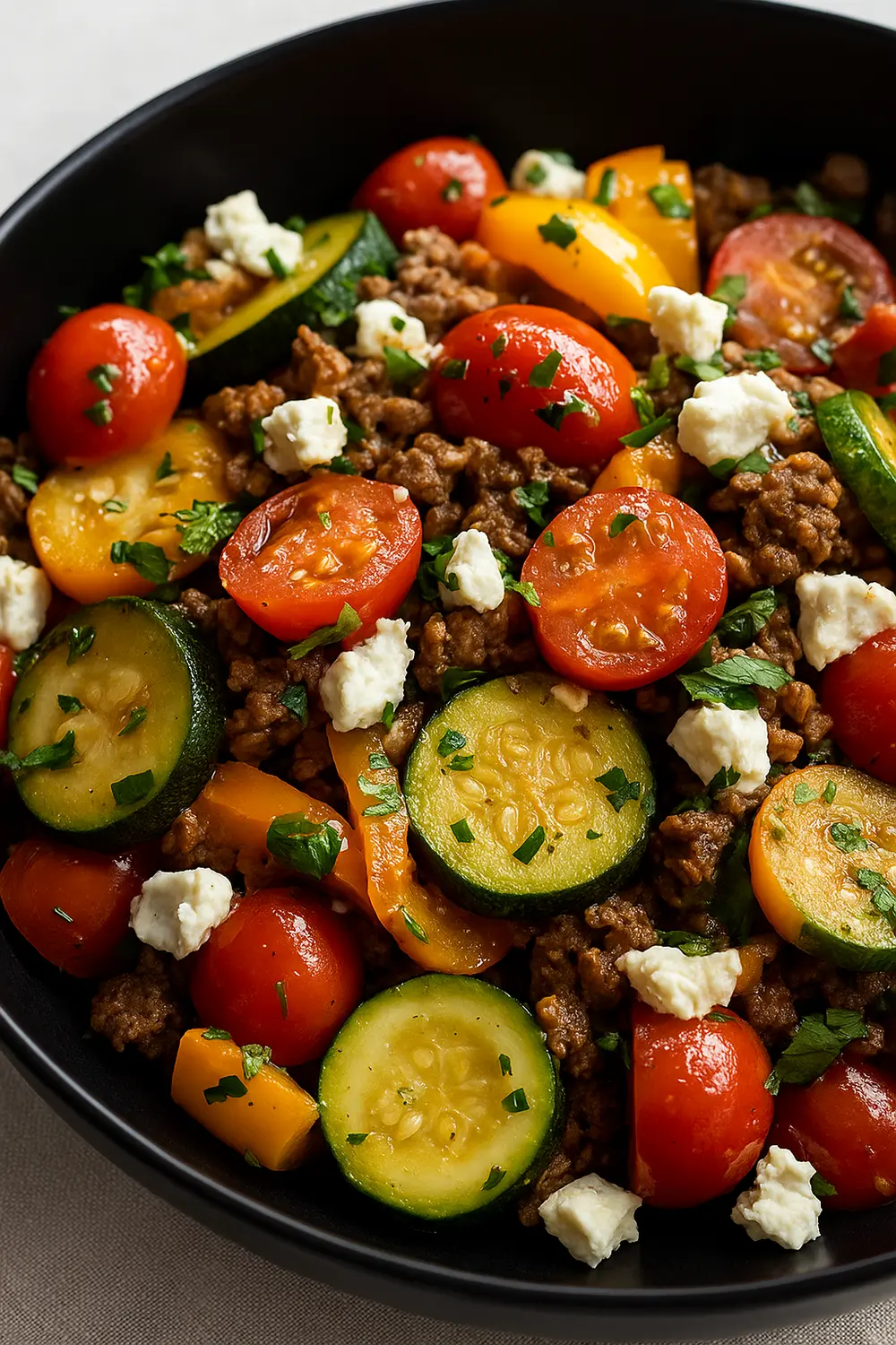 Best Mediterranean Ground Beef Stir Fry Ground beef stir fry recipe with fresh zucchini, tomatoes, bell peppers, parsley, and feta cheese served in a black bowl