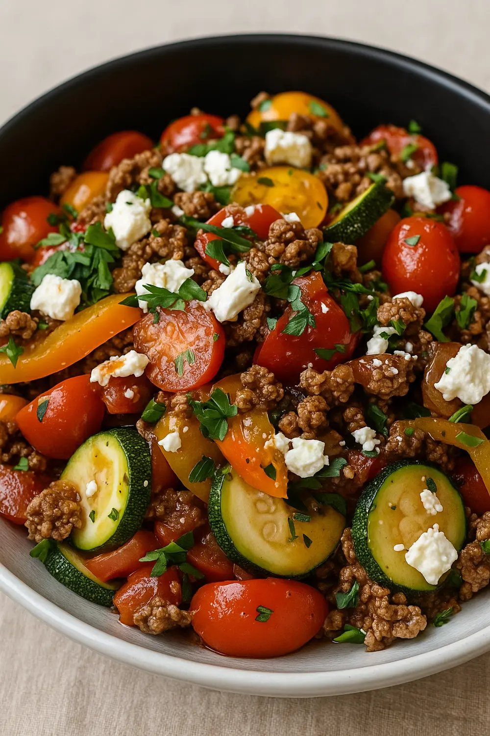 Best Mediterranean Ground Beef Stir Fry Ground beef stir fry with zucchini slices, tomatoes, bell peppers, parsley, and feta cheese in a black bowl