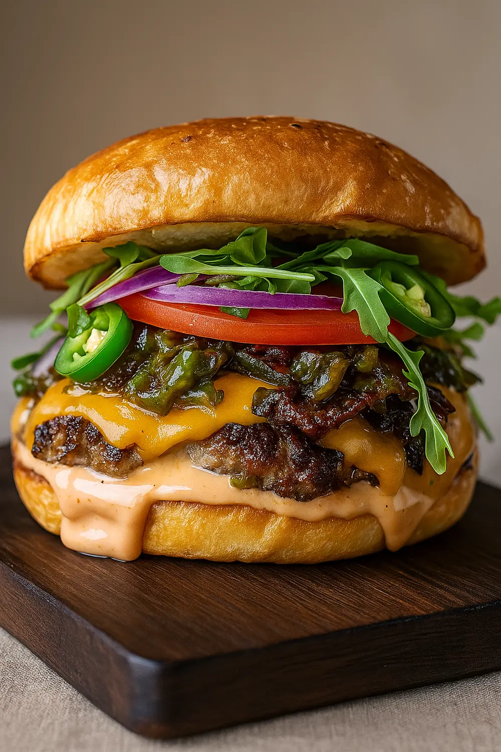 Smoky Chipotle Burger with Ground Beef Grilled beef chipotle burger with jalapeño sauce, cheddar cheese, arugula, and tomato on a toasted bun