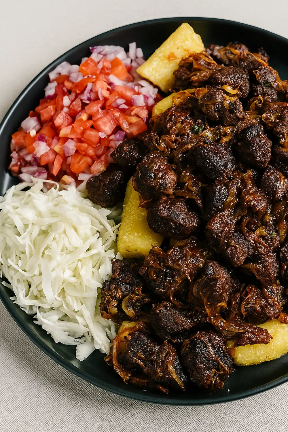 Kikalayi pork recipe featuring stir-fried pork with matooke, kachumbari (tomato-onion salad), and steamed cabbage, perfect for an endomorph dinner meal.