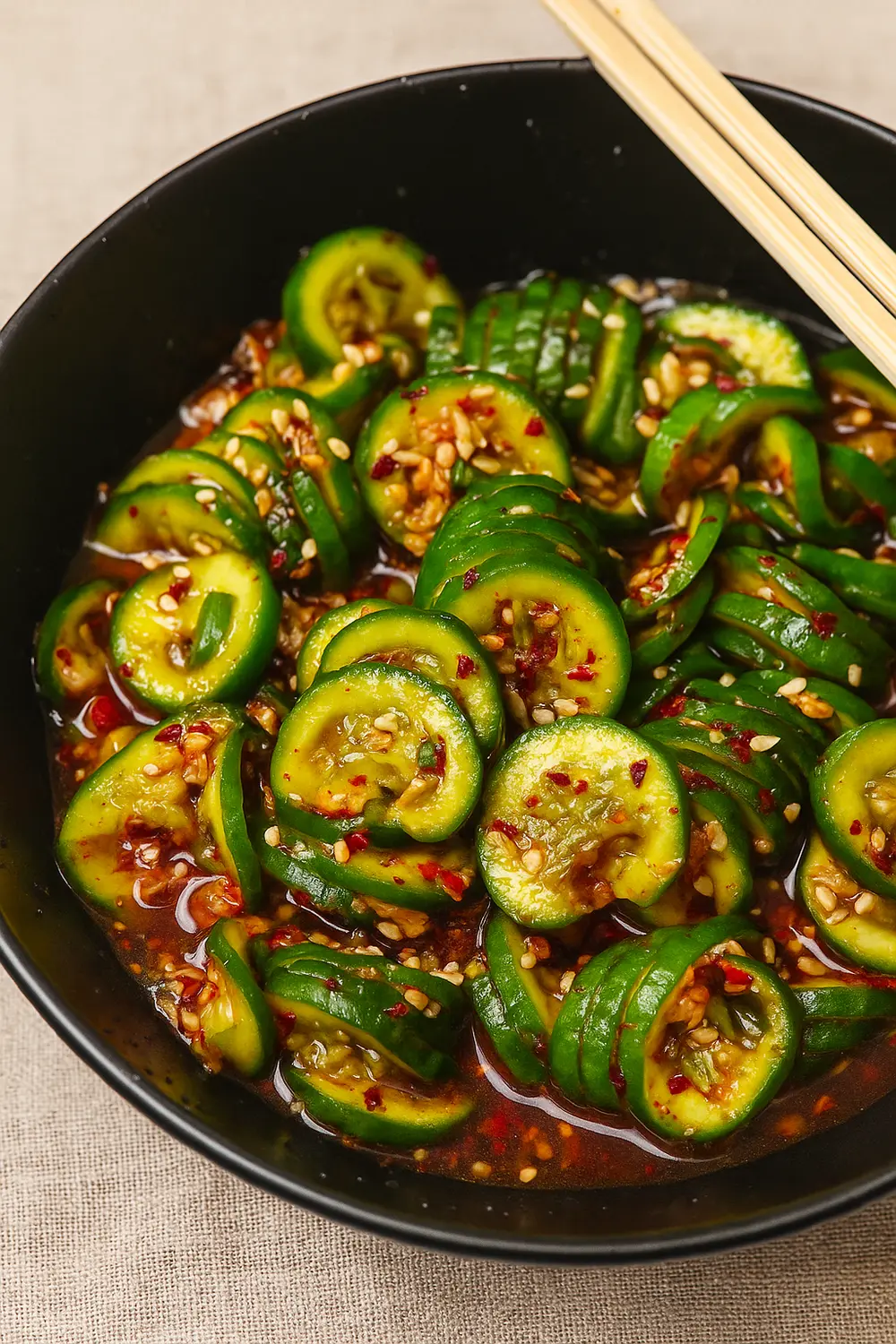 Spicy Asian Cucumber Salad (Oi Muchim) Authentic Korean cucumber salad (Oi Muchim) with chili flakes, garlic, and sesame seeds.