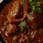 Easy lamb rogan josh with tender lamb pieces in a spiced curry sauce, served in a black dish.