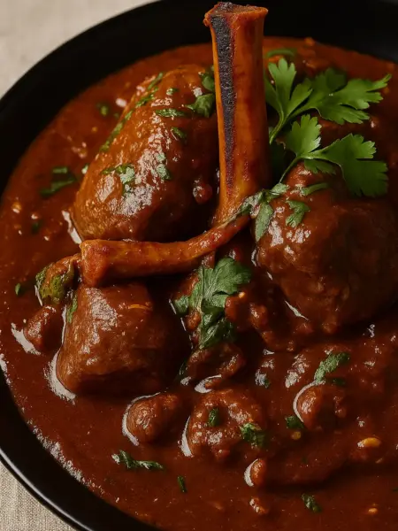 Easy lamb rogan josh with tender lamb pieces in a spiced curry sauce, served in a black dish.